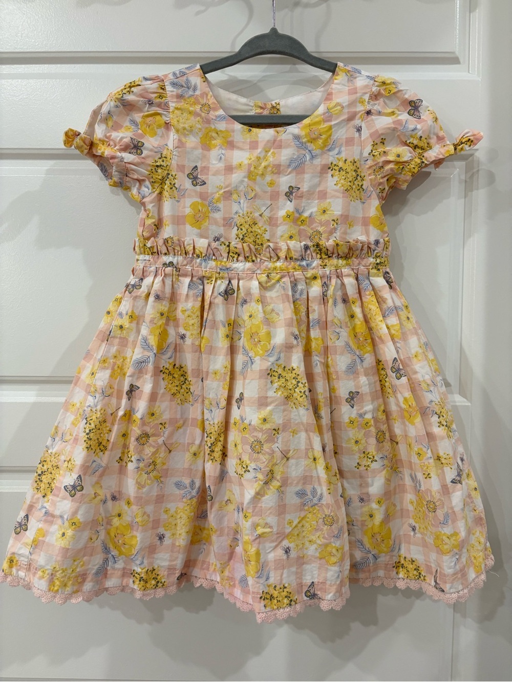 Haute Hippie Girls' Yellow Floral Pink Gingham Dress Butterflies